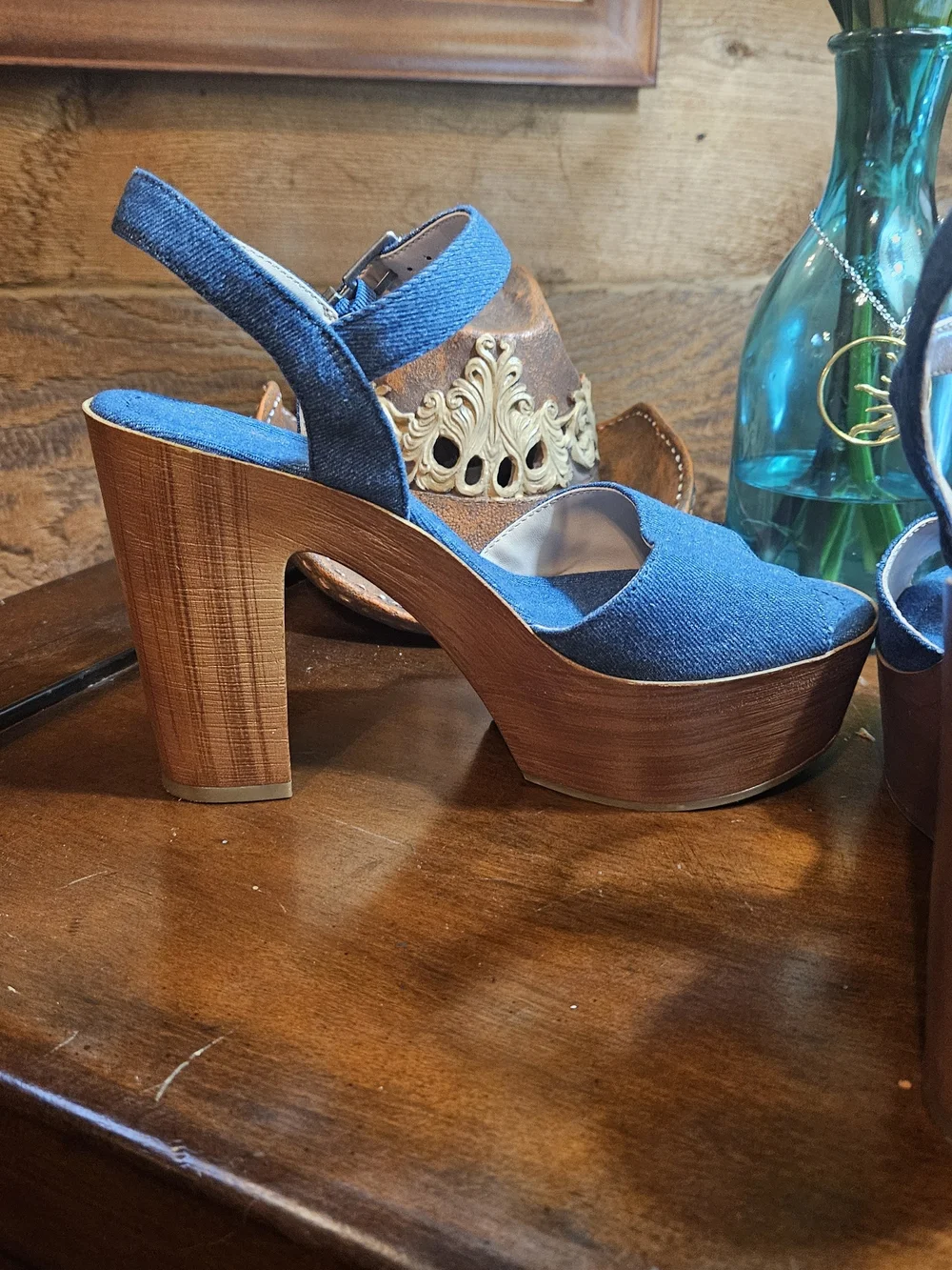 Mix No.6 Denim Platform Sandals with Wood-Effect Heel - Blue
